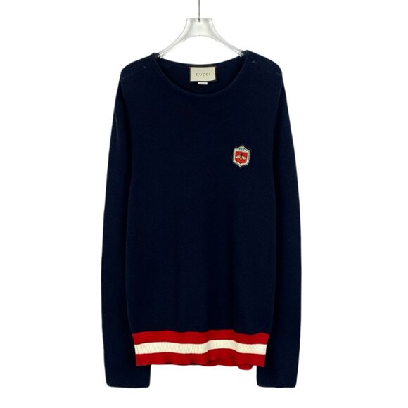 Gucci Mens Navy Wool & Cotton Sweater With Crest & Stripes Made In Italy Size La - Picture 1 of 7